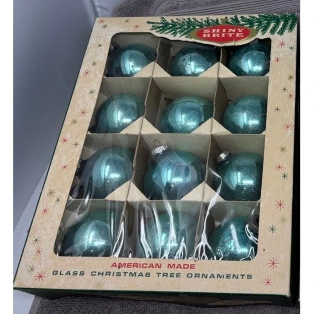 Shiny Brite Glass Ornaments Blue Silver Vintage 12pc MCM USA Made Box Set